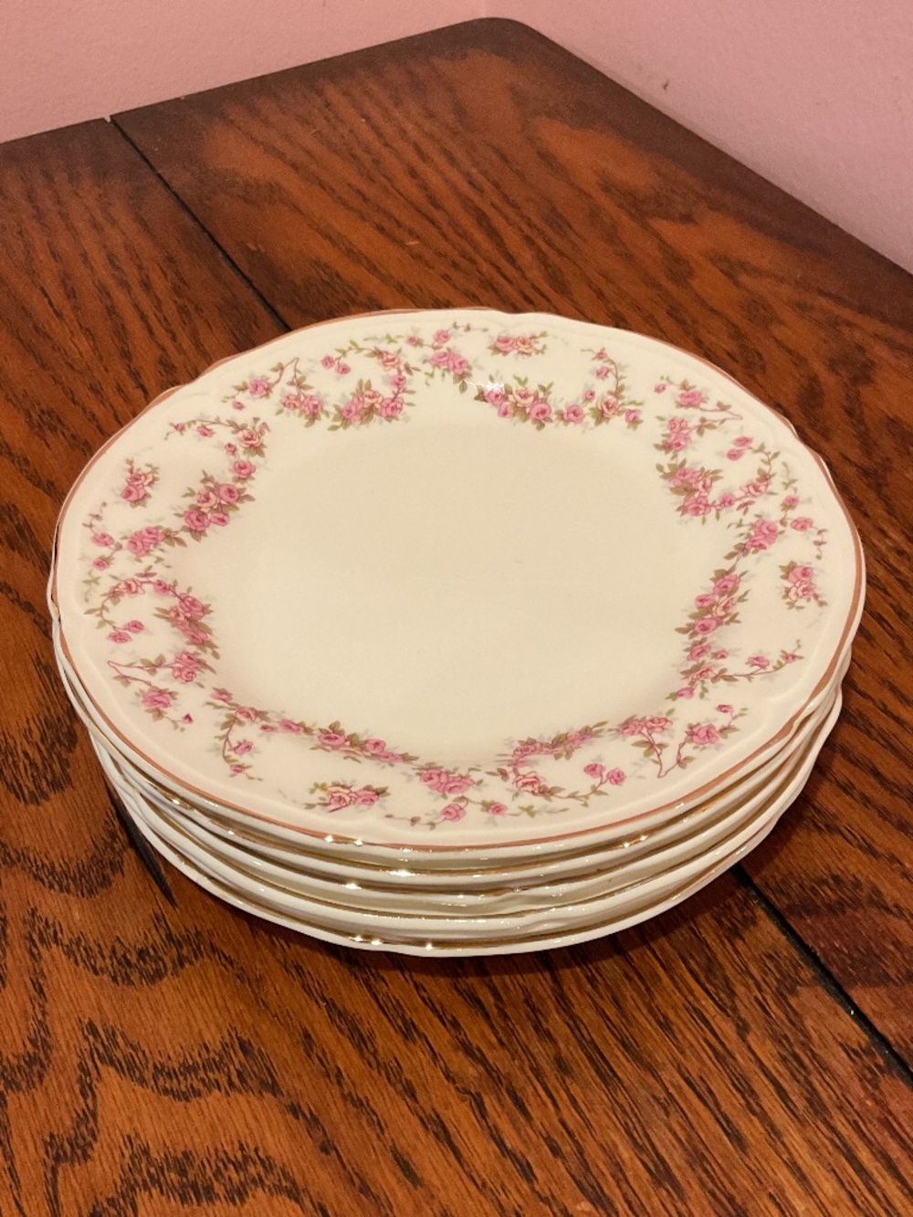 Edwin Knowles Semi Vitreous Floral Pink Rose Porcelain Salad/Dessert Plates